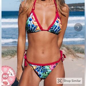 NWT KAMONI TROPICAL PRINT HALTER NECK SIDE TIE LOW RISE MICRO BIKINI LARGE